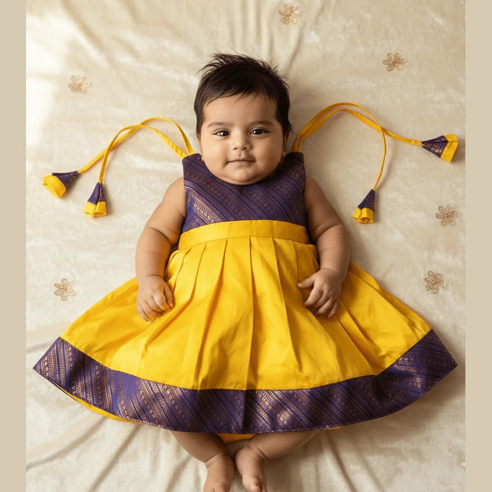 New Born Mango Yellow with Purple Border Raw Silk Frock LF1652