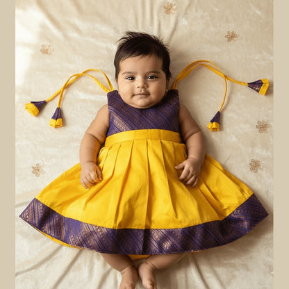 New Born Mango Yellow with Purple Border Raw Silk Frock LF1652