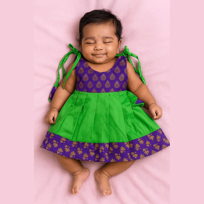 New born Purple & Green Raw Silk Frock LF028