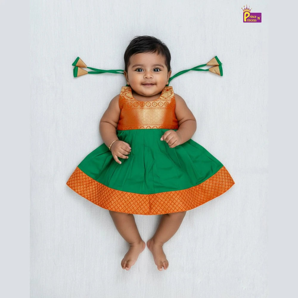New Born Raw Silk Frock Orange with Green LF1749