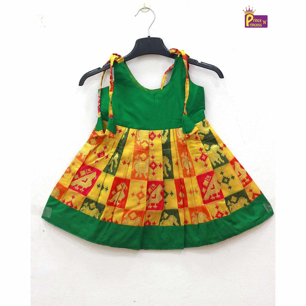 New born Yellow Green Raw Silk Frock LF716