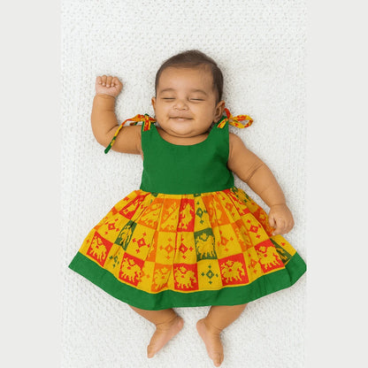 New born Yellow Green Raw Silk Frock LF716