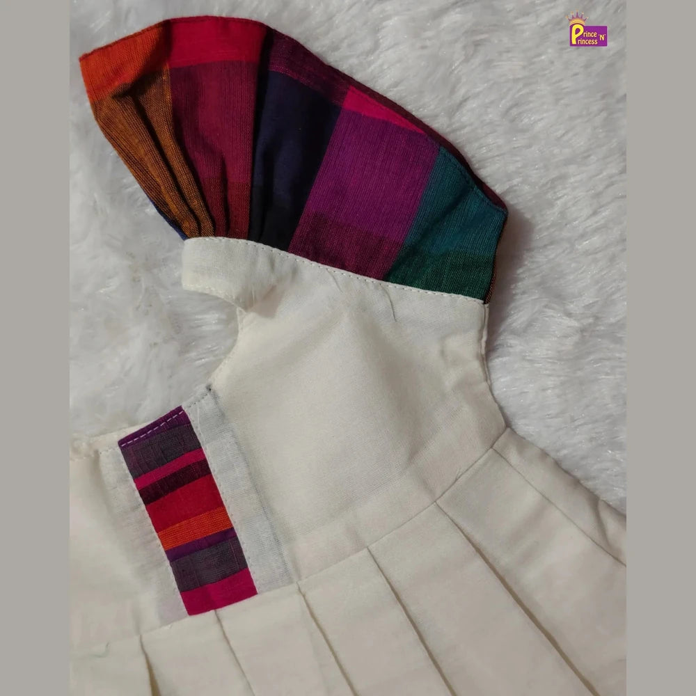Newborn Baby Girl Kerala Kasavu with Madras Checks Cotton Frock - Shoulder Ruffle Naming Dress LF2073