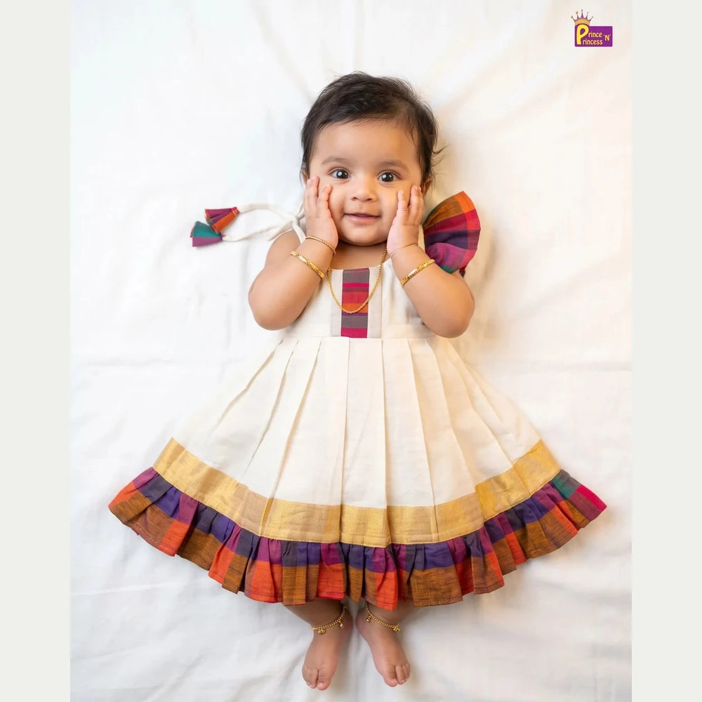 Newborn Baby Girl Kerala Kasavu with Madras Checks Cotton Frock - Shoulder Ruffle Naming Dress LF2073
