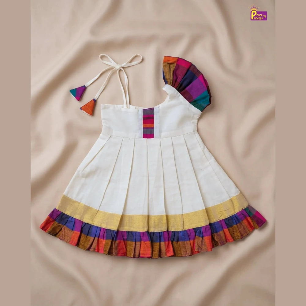 Newborn Baby Girl Kerala Kasavu with Madras Checks Cotton Frock - Shoulder Ruffle Naming Dress LF2073