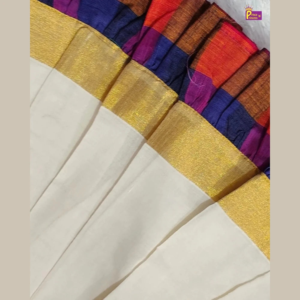 Newborn Baby Girl Kerala Kasavu with Madras Checks Cotton Frock - Shoulder Ruffle Naming Dress LF2073