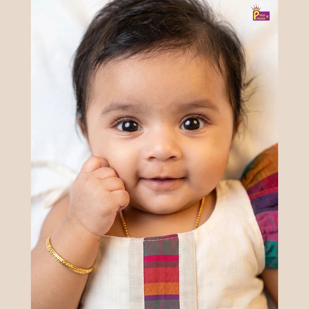 Newborn Baby Girl Kerala Kasavu with Madras Checks Cotton Frock - Shoulder Ruffle Naming Dress LF2073