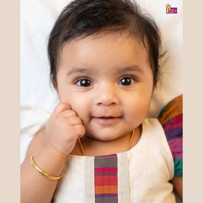 Newborn Baby Girl Kerala Kasavu with Madras Checks Cotton Frock - Shoulder Ruffle Naming Dress LF2073