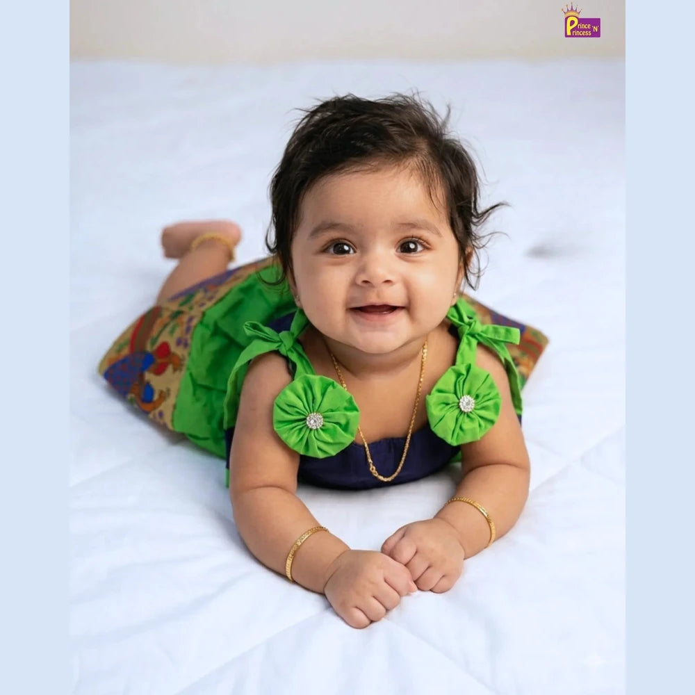 Newborn Lakshana Frock Peacock Border Navy Green Raw Silk | Baby Dress With Headband LF449