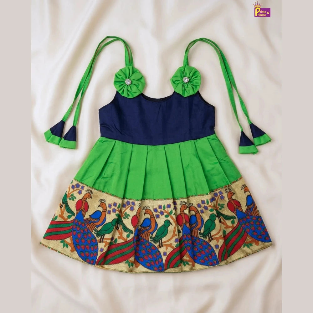 Newborn Lakshana Frock Peacock Border Navy Green Raw Silk | Baby Dress With Headband LF449