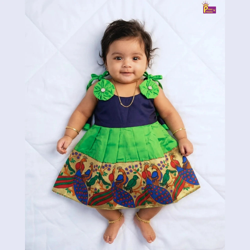Newborn Lakshana Frock Peacock Border Navy Green Raw Silk | Baby Dress With Headband LF449