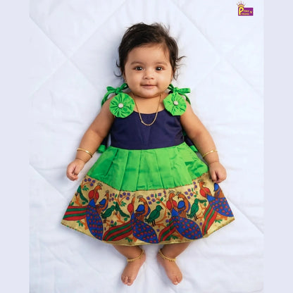 Newborn Lakshana Frock Peacock Border Navy Green Raw Silk | Baby Dress With Headband LF449