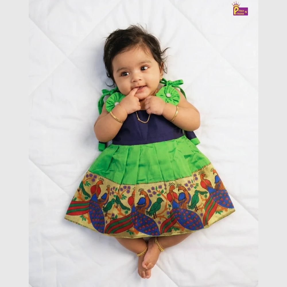 Newborn Lakshana Frock Peacock Border Navy Green Raw Silk | Baby Dress With Headband LF449