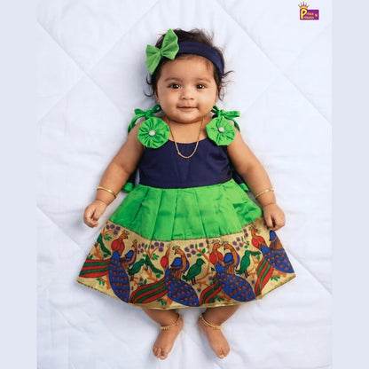 Newborn Lakshana Frock Peacock Border Navy Green Raw Silk | Baby Dress With Headband LF449