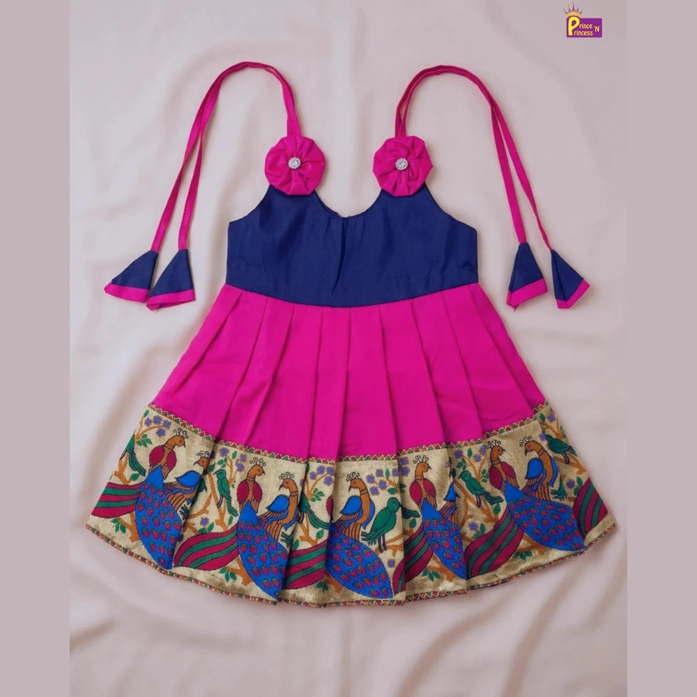 Newborn Pattu Frock Navy Rani Pink Bow | Traditional Baby Dress With Headband LF450