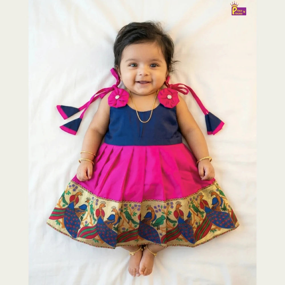 Newborn Pattu Frock Navy Rani Pink Bow | Traditional Baby Dress With Headband LF450