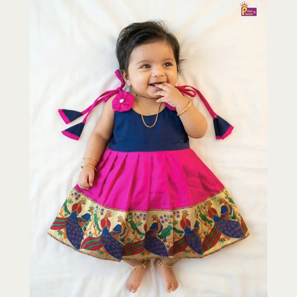 Newborn Pattu Frock Navy Rani Pink Bow | Traditional Baby Dress With Headband LF450