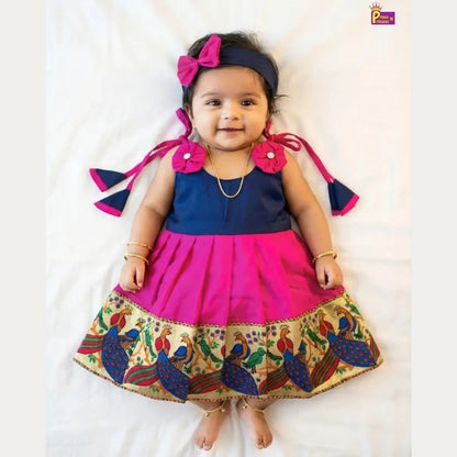Newborn Pattu Frock Navy Rani Pink Bow | Traditional Baby Dress With Headband LF450
