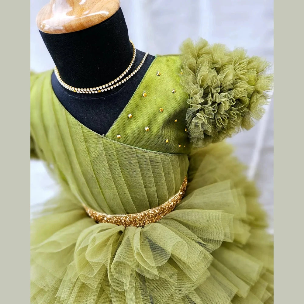 Olive Green Kids Birthday Frock BG196