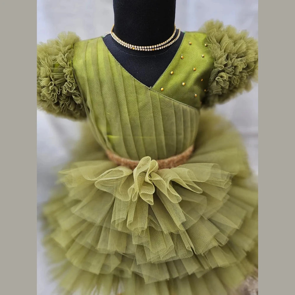 Olive Green Kids Birthday Frock BG196