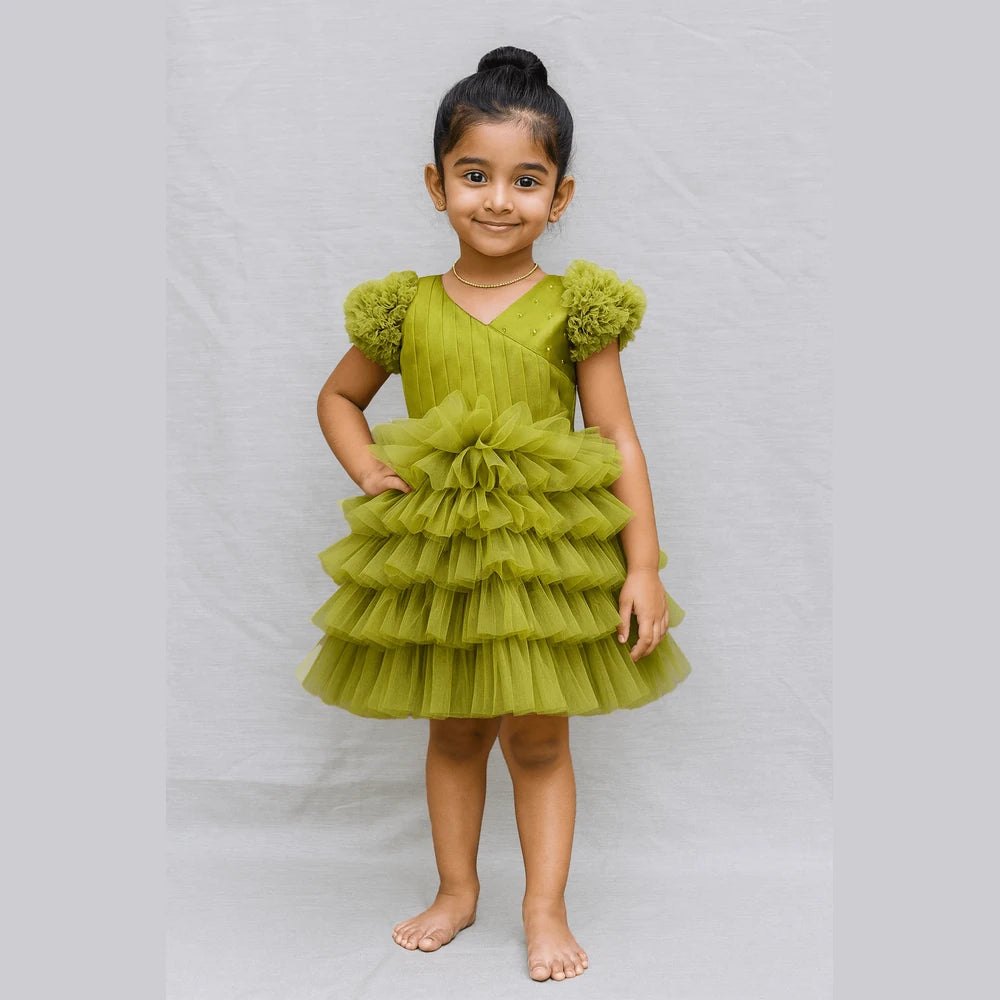 Olive Green Kids Birthday Frock BG196