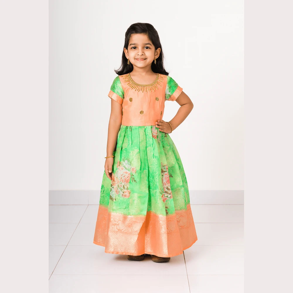 Peach Green Digital Satin AARI Ethnic Party Gown PG352