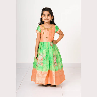 Peach Green Digital Satin AARI Ethnic Party Gown PG352