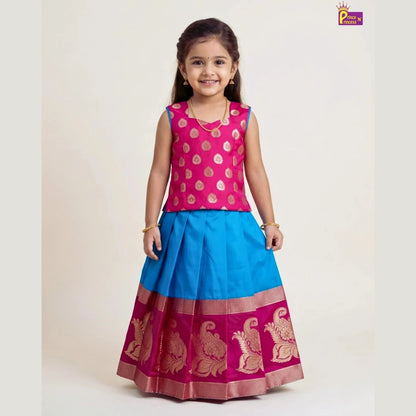 Pink & Sky Blue Raw Silk Pattu Pavadai for Girls Banarasi Border PPP2042