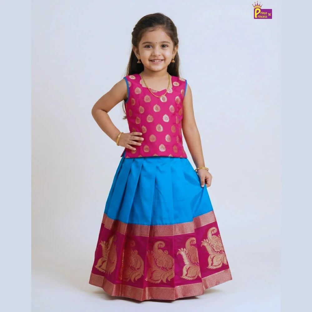 Pink & Sky Blue Raw Silk Pattu Pavadai for Girls Banarasi Border PPP2042