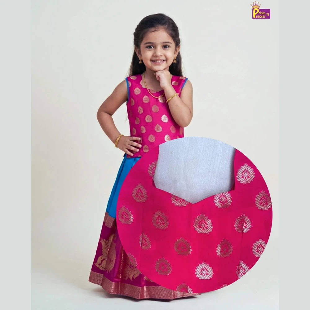 Pink & Sky Blue Raw Silk Pattu Pavadai for Girls Banarasi Border PPP2042