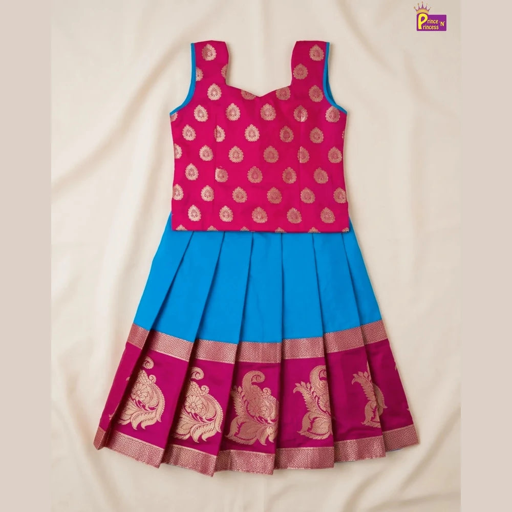 Pink & Sky Blue Raw Silk Pattu Pavadai for Girls Banarasi Border PPP2042