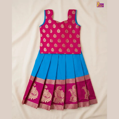 Pink & Sky Blue Raw Silk Pattu Pavadai for Girls Banarasi Border PPP2042