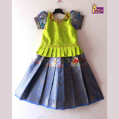 Prince N Princess Ash Green Kalamkari AARI Work pattu Pavadai PPP1239