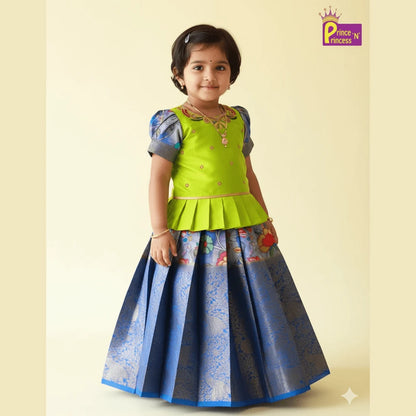 Prince N Princess Ash Green Kalamkari AARI Work pattu Pavadai PPP1239