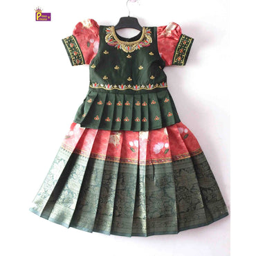 Prince N Princess Dark Green red Kalamkari AARI Work pattu Pavadai PPP1335