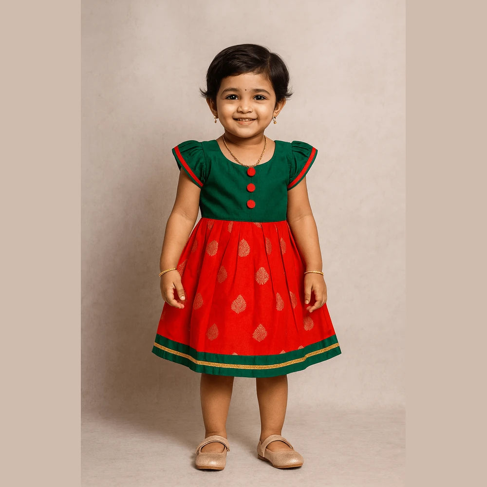 Pattu Gown Green Red Raw Silk with Star Neck | Baby Girl Traditional Wear PG296