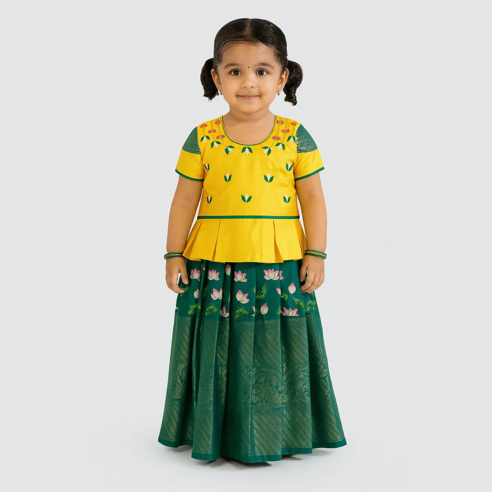 Prince N Princess Yellow And Green AARI Work pattu Pavadai PPP1391