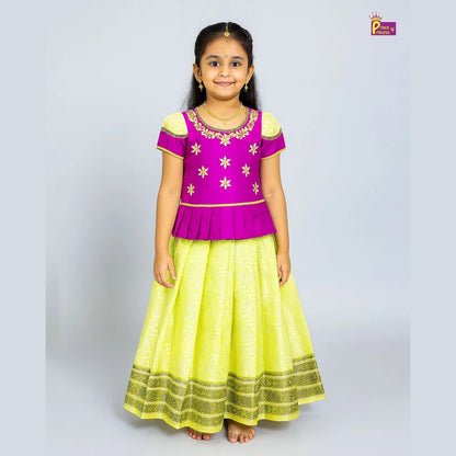 Pattu Pavadai Pink Yellow Raw Silk Designer Puff Sleeve | Kids Festival Wear PPP1136