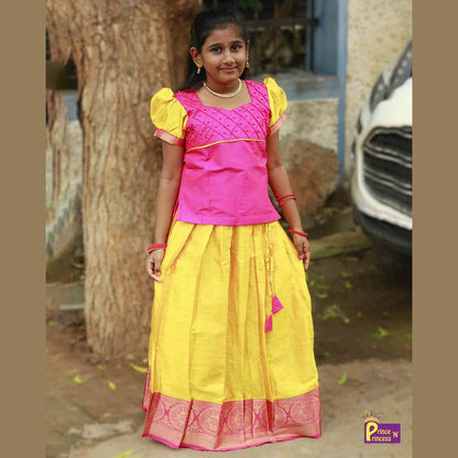 Rani Pink And Yellow Traditional Pattu Pavadai PPP974