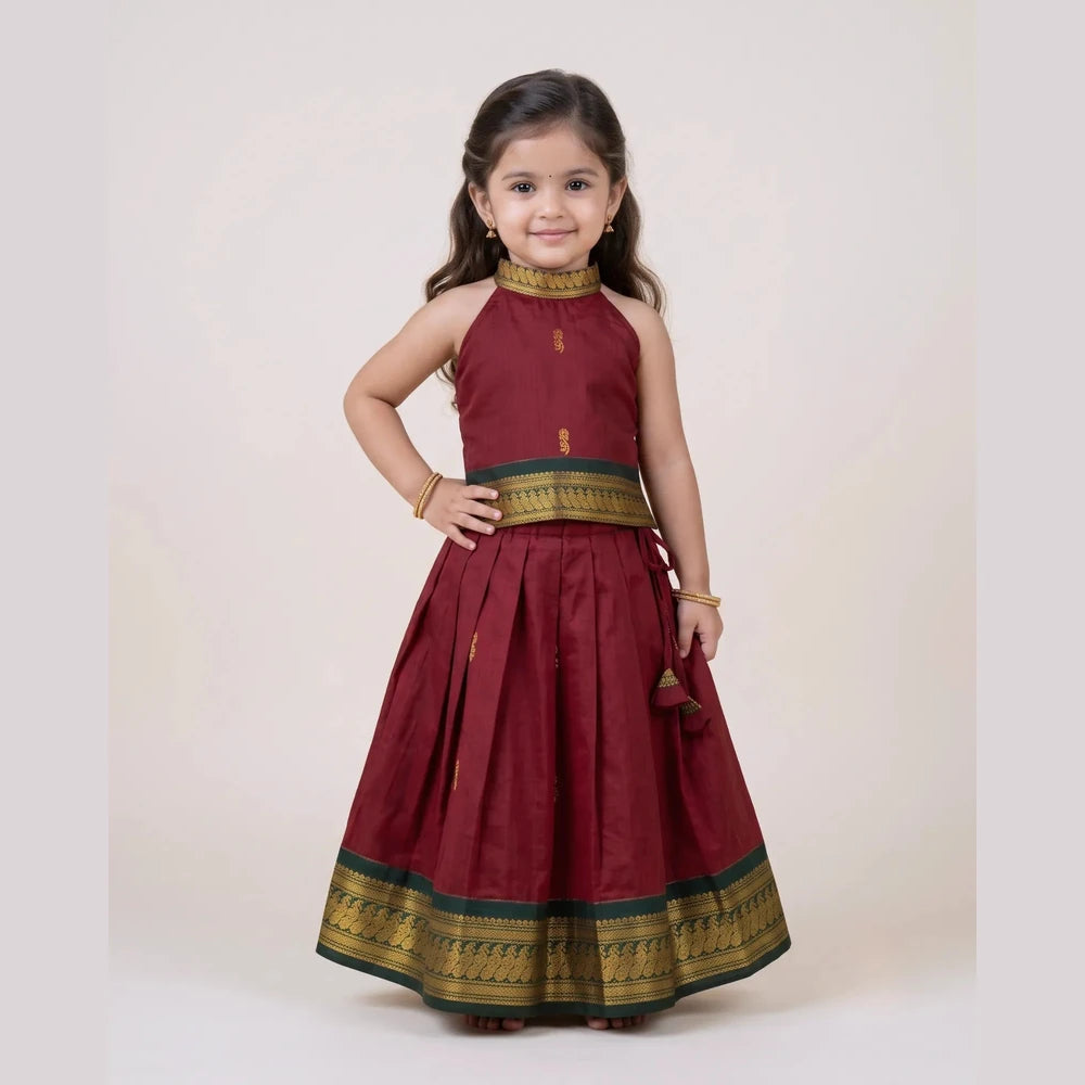 Red Kalyani Cotton Halter Neck Pavadai for Girls - Pongal Wear PPP2168