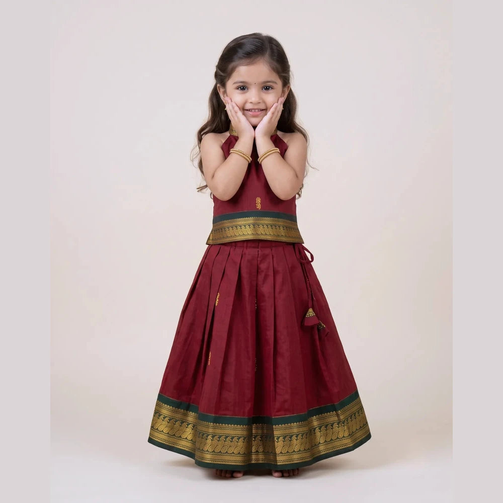 Red Kalyani Cotton Halter Neck Pavadai for Girls - Pongal Wear PPP2168