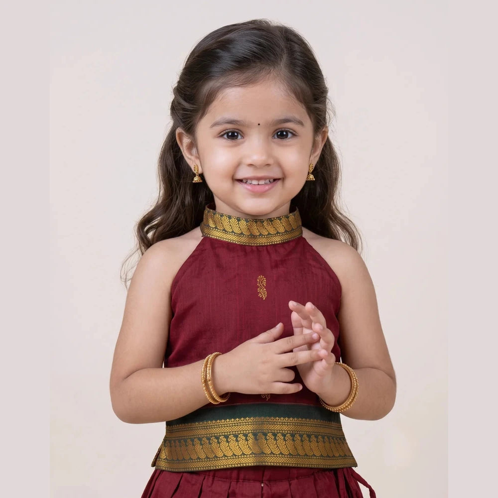 Red Kalyani Cotton Halter Neck Pavadai for Girls - Pongal Wear PPP2168