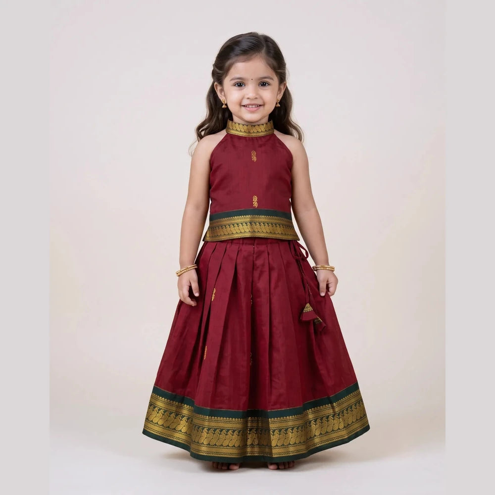 Red Kalyani Cotton Halter Neck Pavadai for Girls - Pongal Wear PPP2168