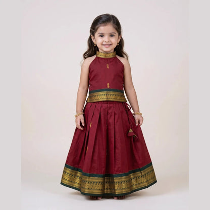 Red Kalyani Cotton Halter Neck Pavadai for Girls - Pongal Wear PPP2168