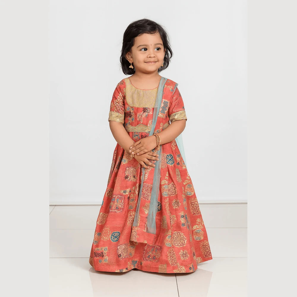 Red skyblue Kids Ethnic Party Gown with Dupetta and Belt PG362