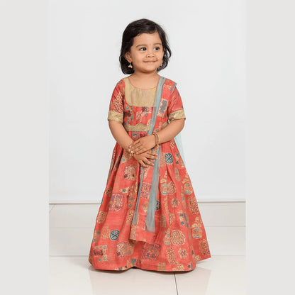 Red skyblue Kids Ethnic Party Gown with Dupetta and Belt PG362
