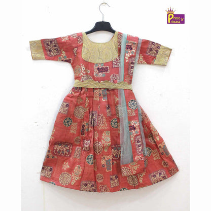 Red skyblue Kids Ethnic Party Gown with Dupetta and Belt PG362