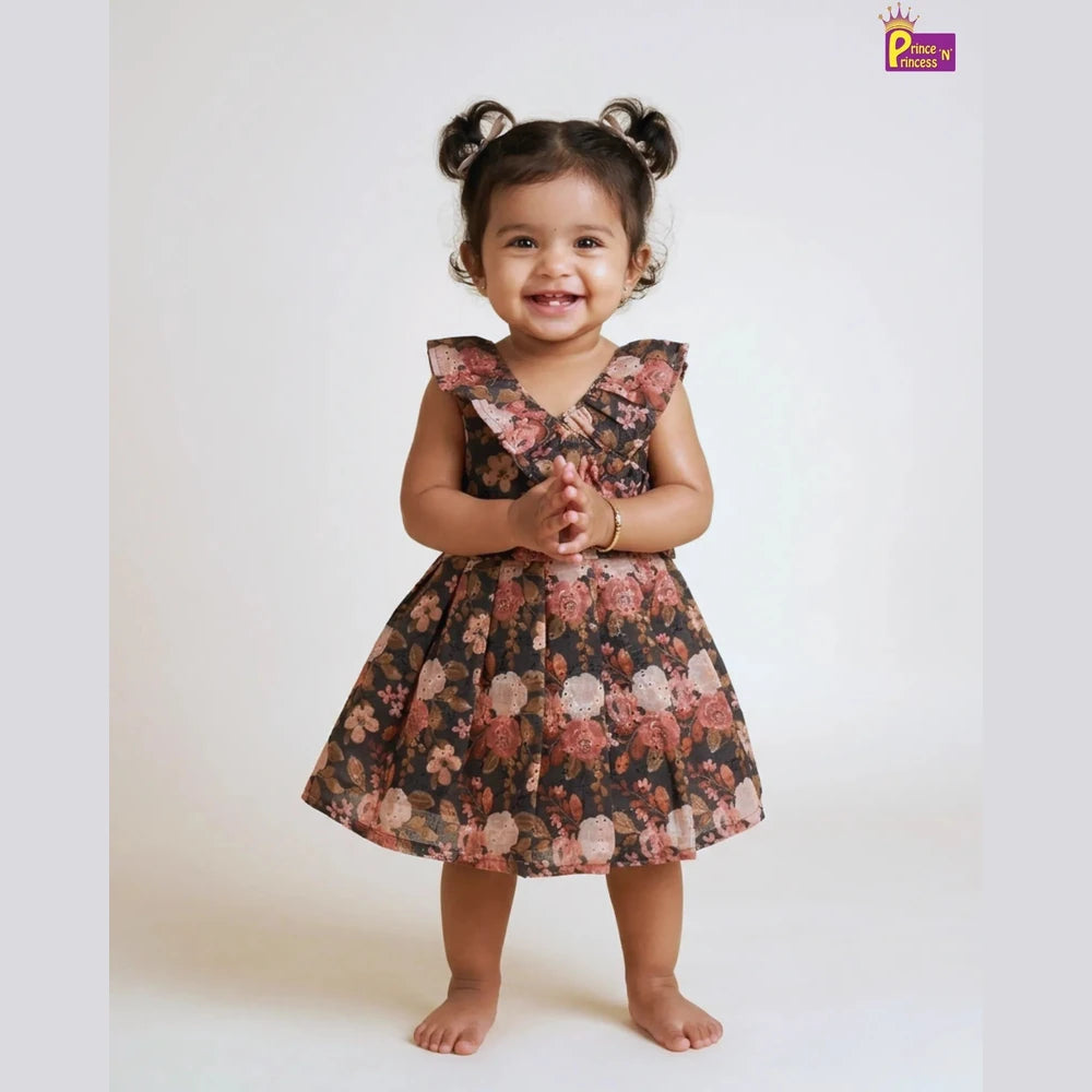 Summer Cotton Frock for Baby Girls Floral Brown Casual Dress CF352