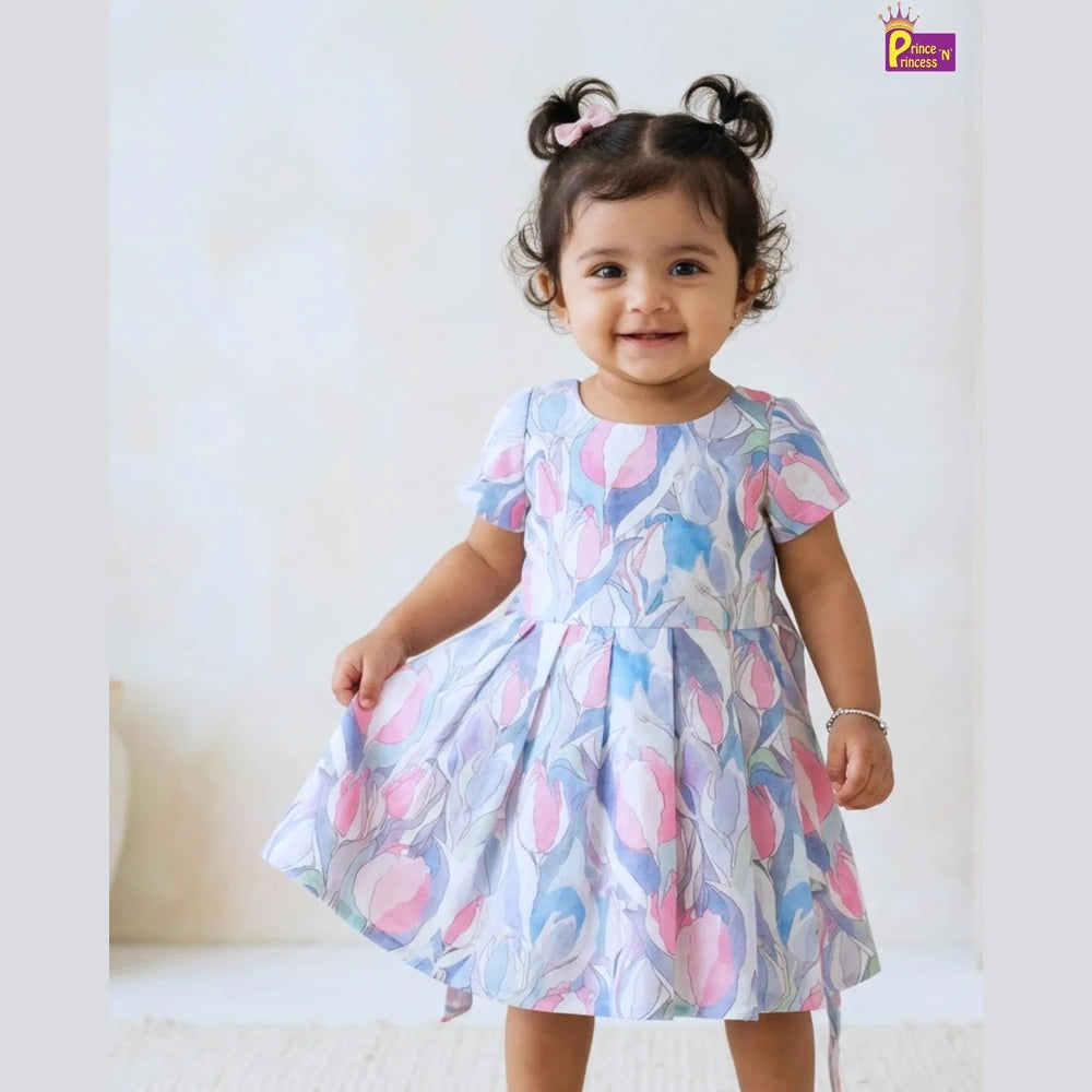Summer Cotton Frock for Girls Pastel Floral Casual Dress CF405