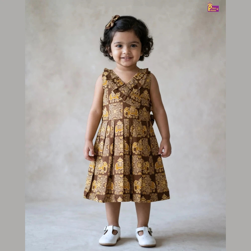 Summer Cotton Frock for Kids - Elephant Print | Brown Handblock Style Dress CF420